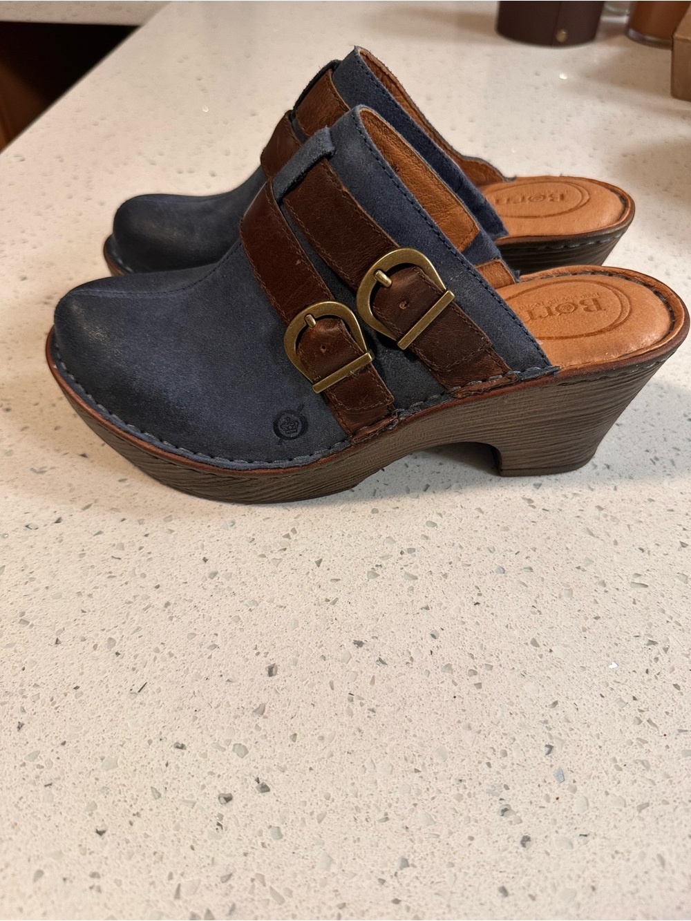 Born Blue Suede Leather Clogs Mules Double Buckle Slip On Heels Shoes Women’s 8 - Picture 15 of 15